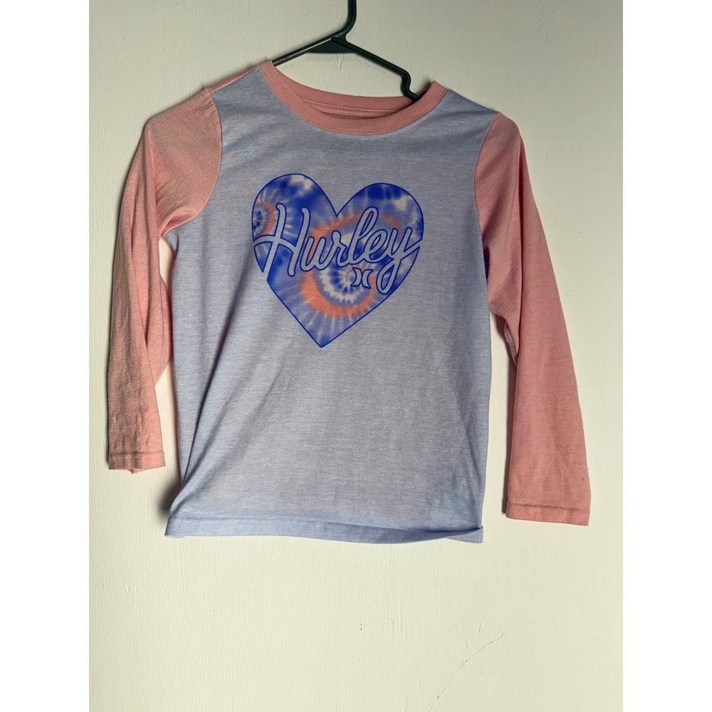 Hurley Girls Long Sleeve Shirt Size 10 Pink Blue Heart Tie Dye Pajama Top Raglan